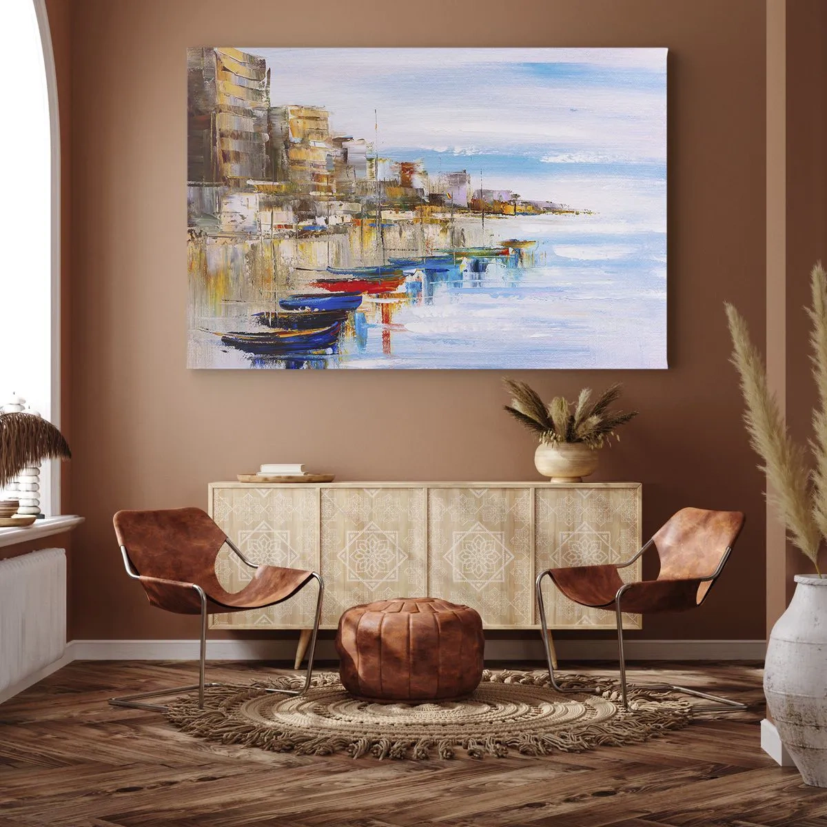 Quadro em tela - Barcos coloridos na costa com vista para o horizonte da cidade - 70x50cm - Um refúgio urbano multicolorido - Decoração de parede moderna para a sala de estar e quarto ARTTOR