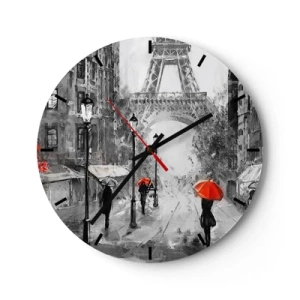 Relógio de parede - Relógio em vidro - Rua preta e branca com a Torre Eiffel e guarda-chuvas vermelhos - 30x30cm - Todos os caminhos levam a ela - Decoração de parede moderna para a sala de estar, cozinha e quarto ARTTOR