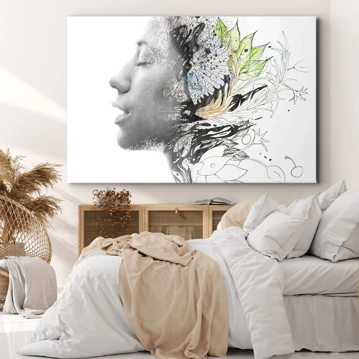 Quadro em tela - Perfil de uma mulher em uma colagem artística de natureza e negritude - 70x50cm - Imersa na natureza - Decoração de parede moderna para a sala de estar e quarto ARTTOR