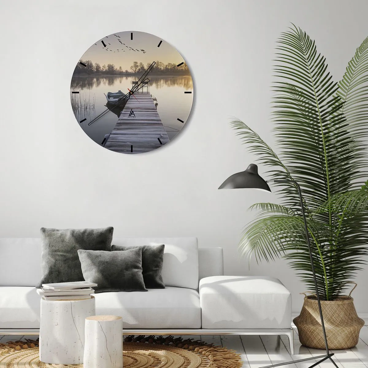 Relógio de parede - Relógio em vidro - Um píer com um barco ao nascer do sol no lago - 30x30cm - Voltarei dentro de algum tempo - Decoração de parede moderna para a sala de estar, cozinha e quarto ARTTOR