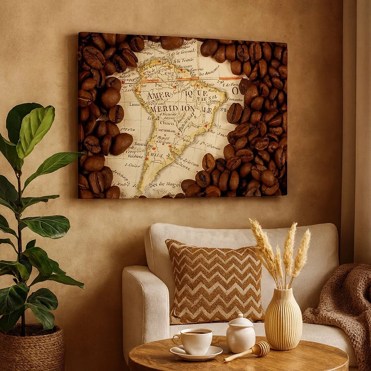 Quadro em tela - Um mapa da América do Sul cercado por grãos de café. - 70x50cm - De onde vem o melhor café? - Decoração de parede moderna para a sala de estar e quarto ARTTOR