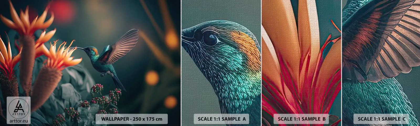 Amostra de papel de parede Premium Canvas - Uma vida verdadeiramente colorida - Pássaro, Exótico, Flor - 100x30 cm