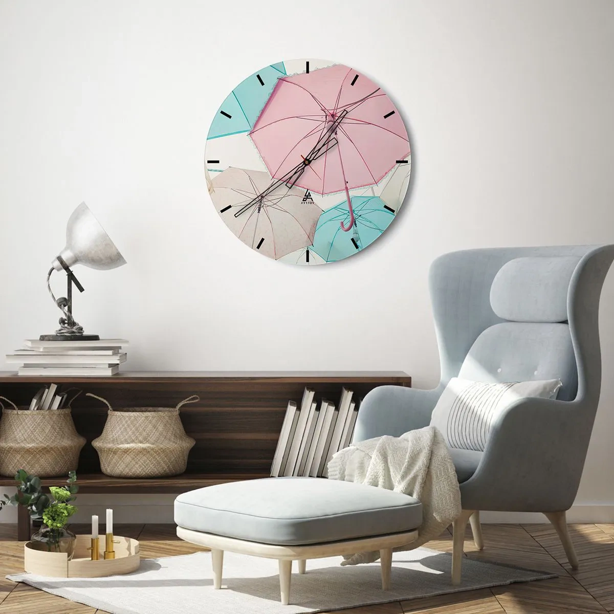 Relógio de parede - Relógio em vidro - Guarda-chuvas em cores pastel - 30x30cm - Às vezes sol, às vezes chuva - Decoração de parede moderna para a sala de estar, cozinha e quarto ARTTOR