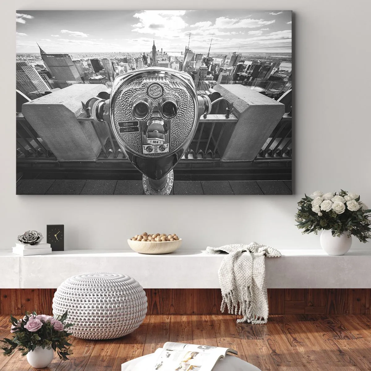 Quadro em tela - Visão monocromática através do telescópio do panorama da cidade - 70x50cm - A cidade das cidades - Decoração de parede moderna para a sala de estar e quarto ARTTOR