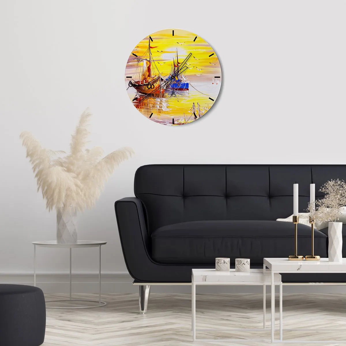 Relógio de parede - Relógio em vidro - Veleiros pitorescos ao pôr do sol - 30x30cm - Um merecido descanso no porto - Decoração de parede moderna para a sala de estar, cozinha e quarto ARTTOR