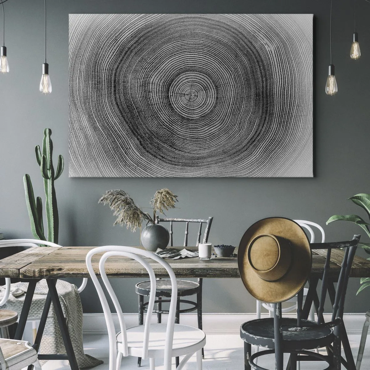 Quadro em tela - Padrão de anéis de árvores em preto e branco mostrando uma seção transversal do tronco - 70x50cm - Sinal dos tempos - Decoração de parede moderna para a sala de estar e quarto ARTTOR