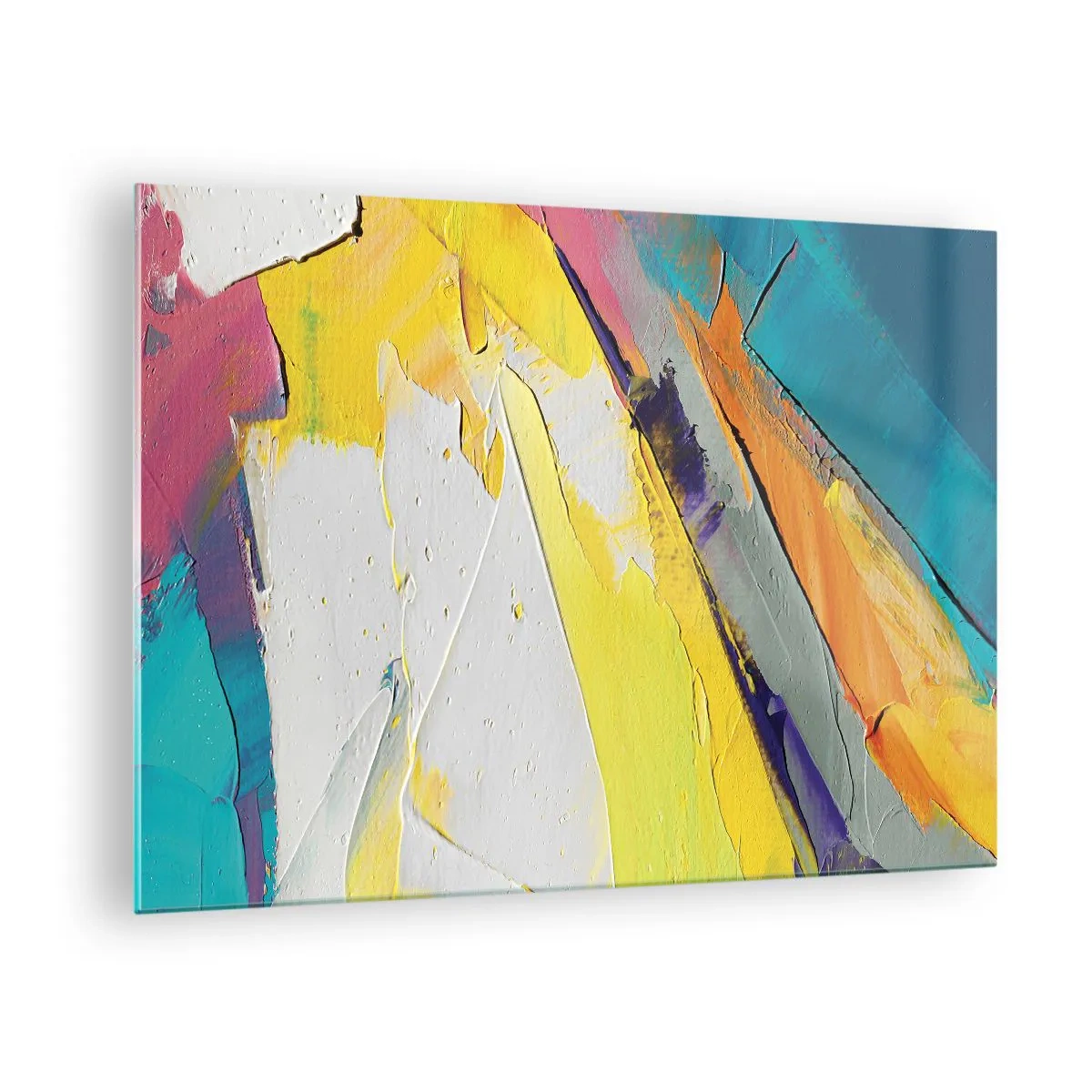 Quadro em vidro - Pinceladas abstratas em amarelo, azul e branco - 70x50cm - Anatomia da luz - Decoração de parede moderna para a sala de estar e quarto ARTTOR