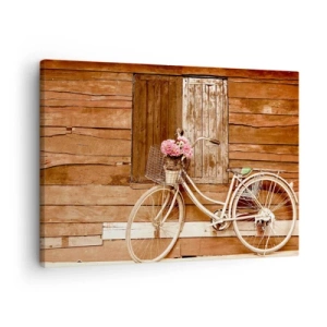 Quadro em tela - Uma bicicleta com uma cesta cheia de rosas contra uma parede de madeira - 70x50cm - Volto logo - Decoração de parede moderna para a sala de estar e quarto ARTTOR