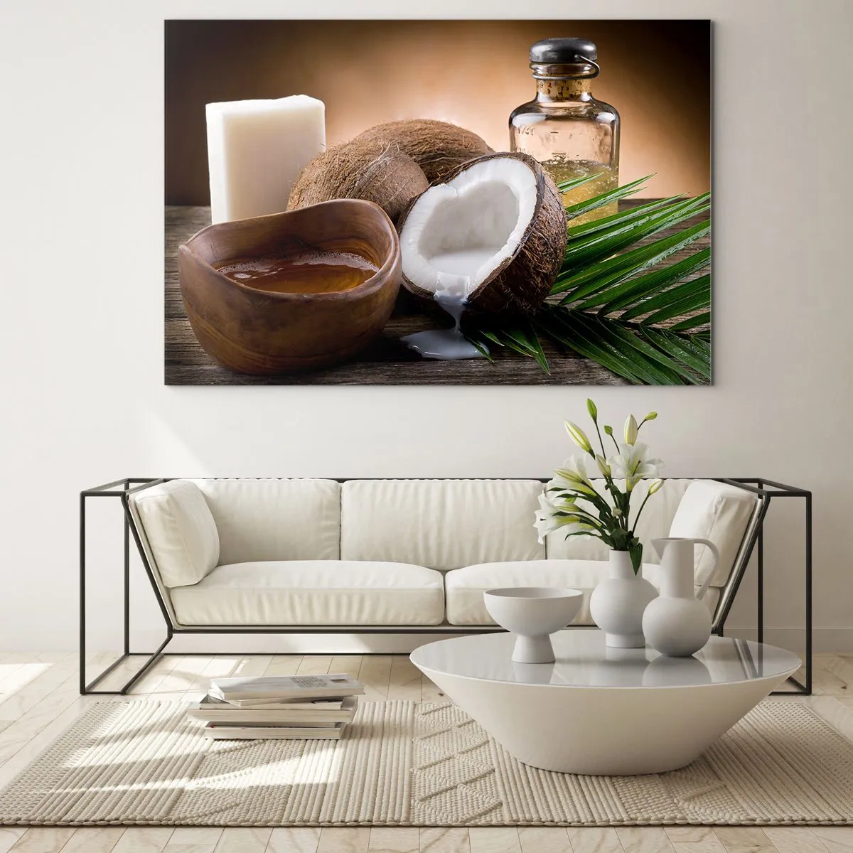 Quadro em vidro - Ingredientes naturais com coco e óleo em fundo de madeira - 70x50cm - Saúde das ilhas tropicais - Decoração de parede moderna para a sala de estar e quarto ARTTOR