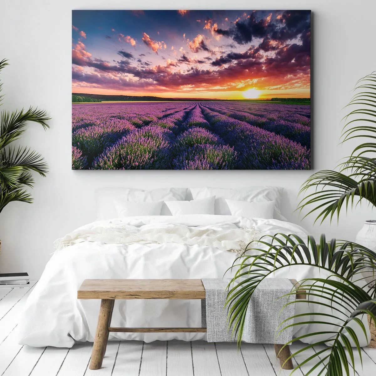 Quadro em tela - Um campo de lavanda ao pôr do sol com um céu colorido - 70x50cm - O mundo da lavanda - Decoração de parede moderna para a sala de estar e quarto ARTTOR