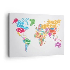 Quadro em tela - Mapa-múndi colorido com nomes de países - 70x50cm - Quero conhecer todos - Decoração de parede moderna para a sala de estar e quarto ARTTOR