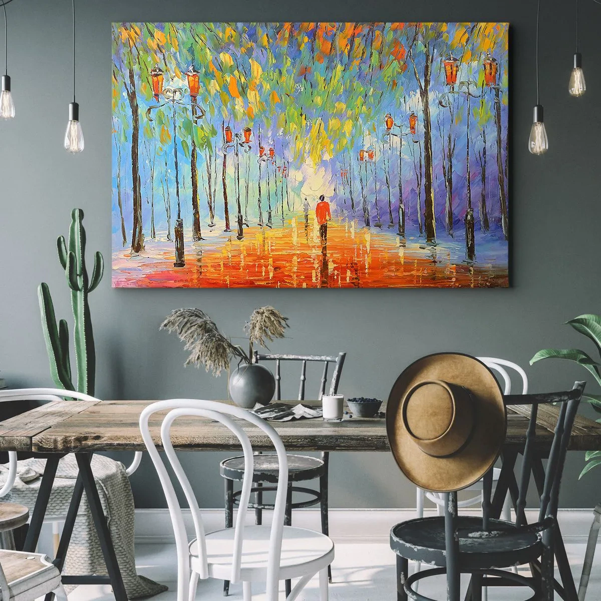 Quadro em tela - Um passeio pitoresco entre as lanternas em uma noite chuvosa - 70x50cm - Canto nocturno da chuva - Decoração de parede moderna para a sala de estar e quarto ARTTOR