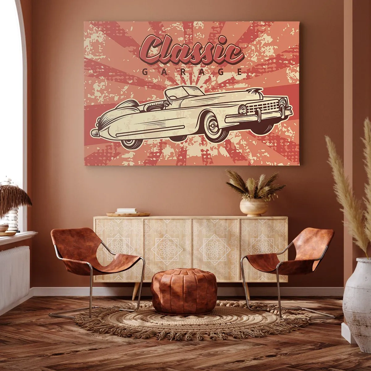 Quadro em tela - Pôster retrô com um carro clássico e as palavras Classic Garage - 70x50cm - E na rádio Elvis - Decoração de parede moderna para a sala de estar e quarto ARTTOR