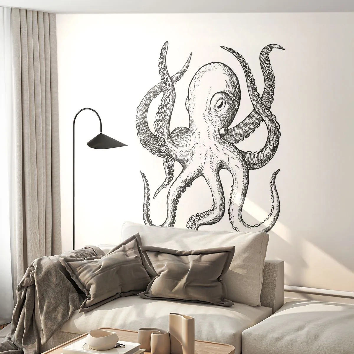 Papel de Parede Standard Eco - Ilustração de polvo em estilo vintage em fundo branco - 100x70cm - Dançando com as ondas - Decoração de parede moderna para a sala de estar e quarto ARTTOR