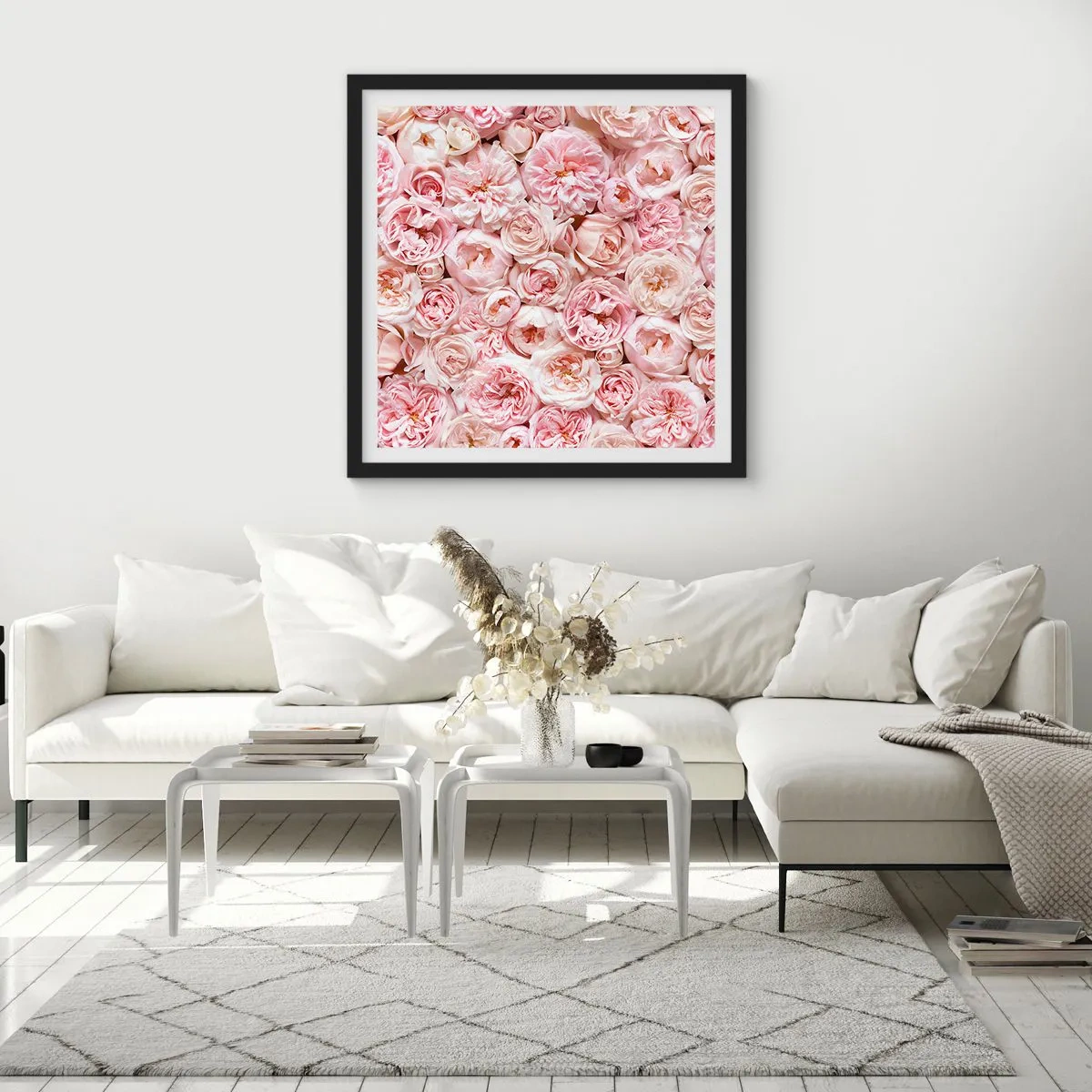 Pôster com moldura preta - Uma cama de rosas - 40x40 cm