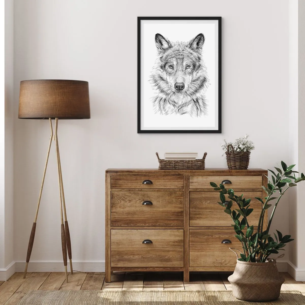 Pôster com moldura preta - Desenho detalhado de um lobo em estilo preto e branco - 50x70cm - Um líder nato - Decoração de parede moderna para a sala de estar e quarto ARTTOR