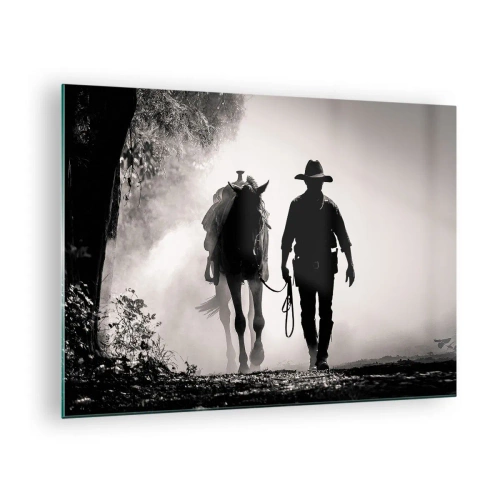 Quadro em vidro - Silhueta de um cowboy conduzindo um cavalo por uma paisagem enevoada - 70x50cm - Manhã no Texas - Decoração de parede moderna para a sala de estar e quarto ARTTOR