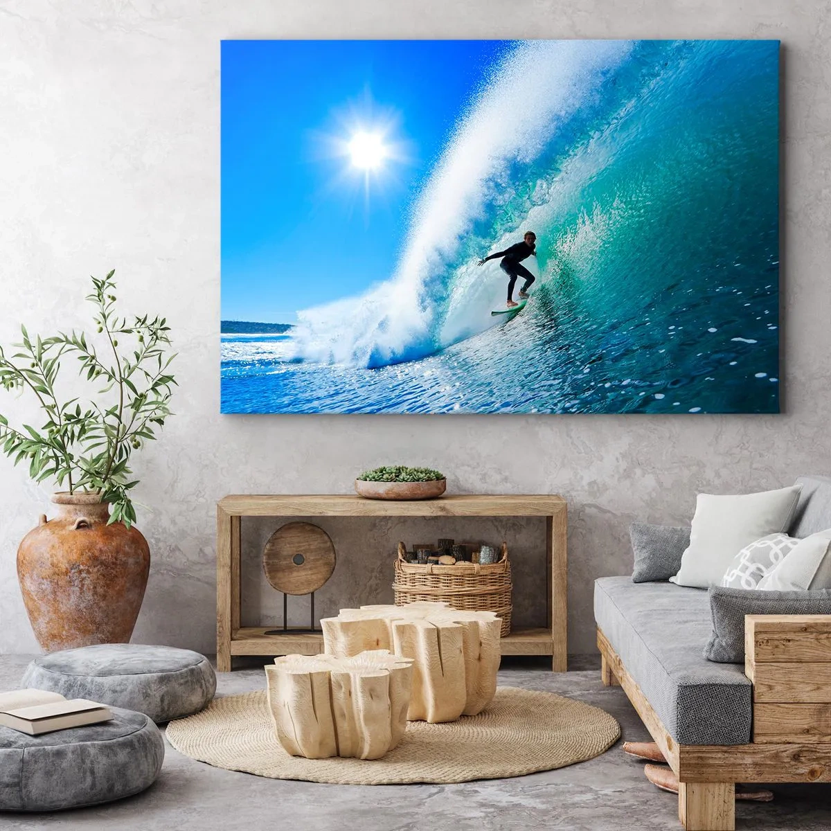Quadro em tela - Um surfista em uma prancha surfa dentro de uma onda poderosa sob um céu azul. - 70x50cm - Azul gigante - Decoração de parede moderna para a sala de estar e quarto ARTTOR