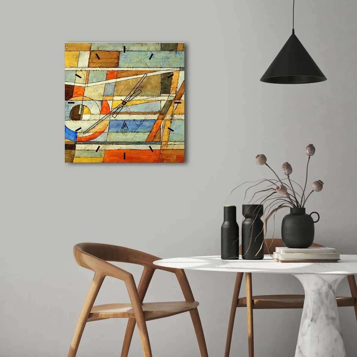 Relógio de parede - Relógio em vidro - Cubismo em construção - 30x30 cm