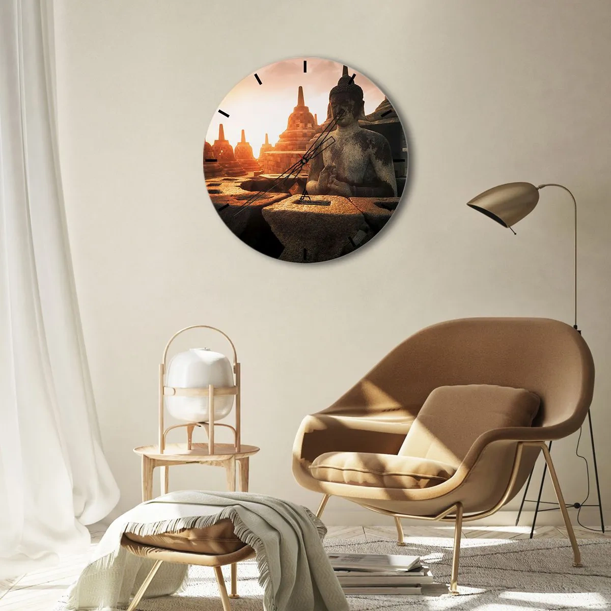 Relógio de parede - Relógio em vidro - Pôr do sol sobre estátuas de Buda cercadas por templos - 30x30cm - Clima de grande sabedoria - Decoração de parede moderna para a sala de estar, cozinha e quarto ARTTOR