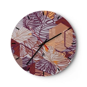 Relógio de parede - Relógio em vidro - Folhas abstratas em tons de roxo, laranja e bege - 30x30cm - A impossível relação entre a geometria e a natureza - Decoração de parede moderna para a sala de estar, cozinha e quarto ARTTOR