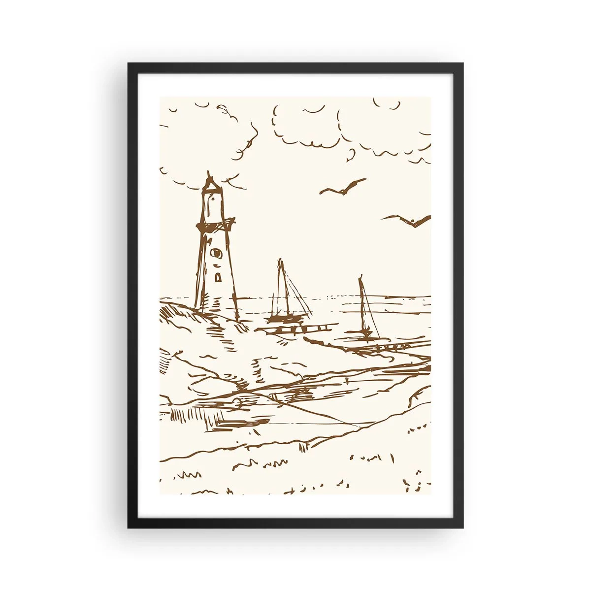 Pôster com moldura preta - Farol com barcos e pássaros - 50x70cm - Esboço das memórias do verão - Decoração de parede moderna para a sala de estar e quarto ARTTOR