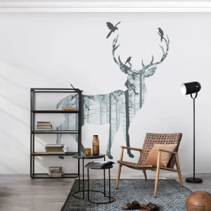 Papel de Parede Standard Eco - Um cervo em uma paisagem florestal com pássaros em seus chifres - 100x70cm - Bom espírito da floresta - Decoração de parede moderna para a sala de estar e quarto ARTTOR