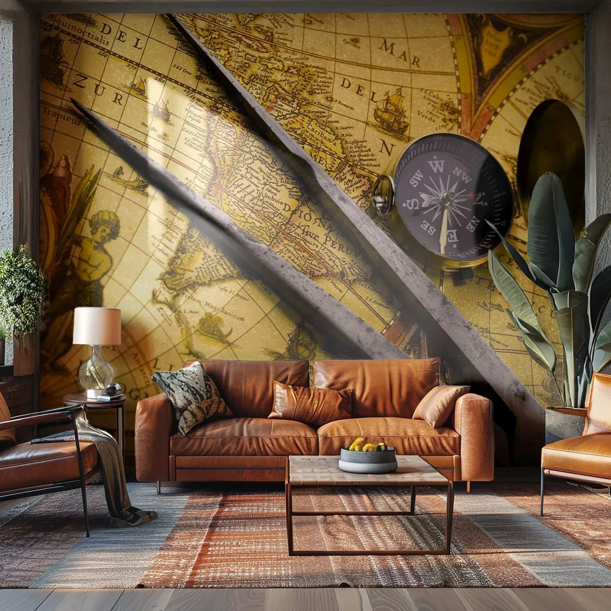 Papel de Parede Premium Canvas - Onde estão esses tesouros? - Bússola, Mapa mundial, Viagens - 350x256 cm