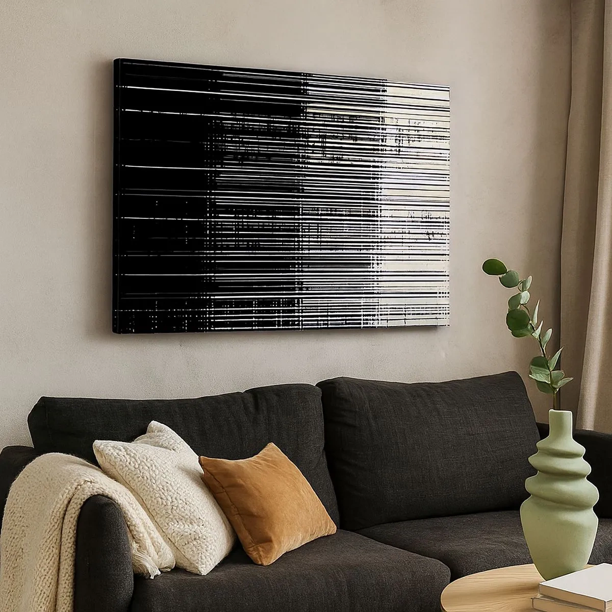 Quadro em tela - Composição abstrata de linhas em contraste preto e branco - 70x50cm - Ondas e vibrações - Decoração de parede moderna para a sala de estar e quarto ARTTOR