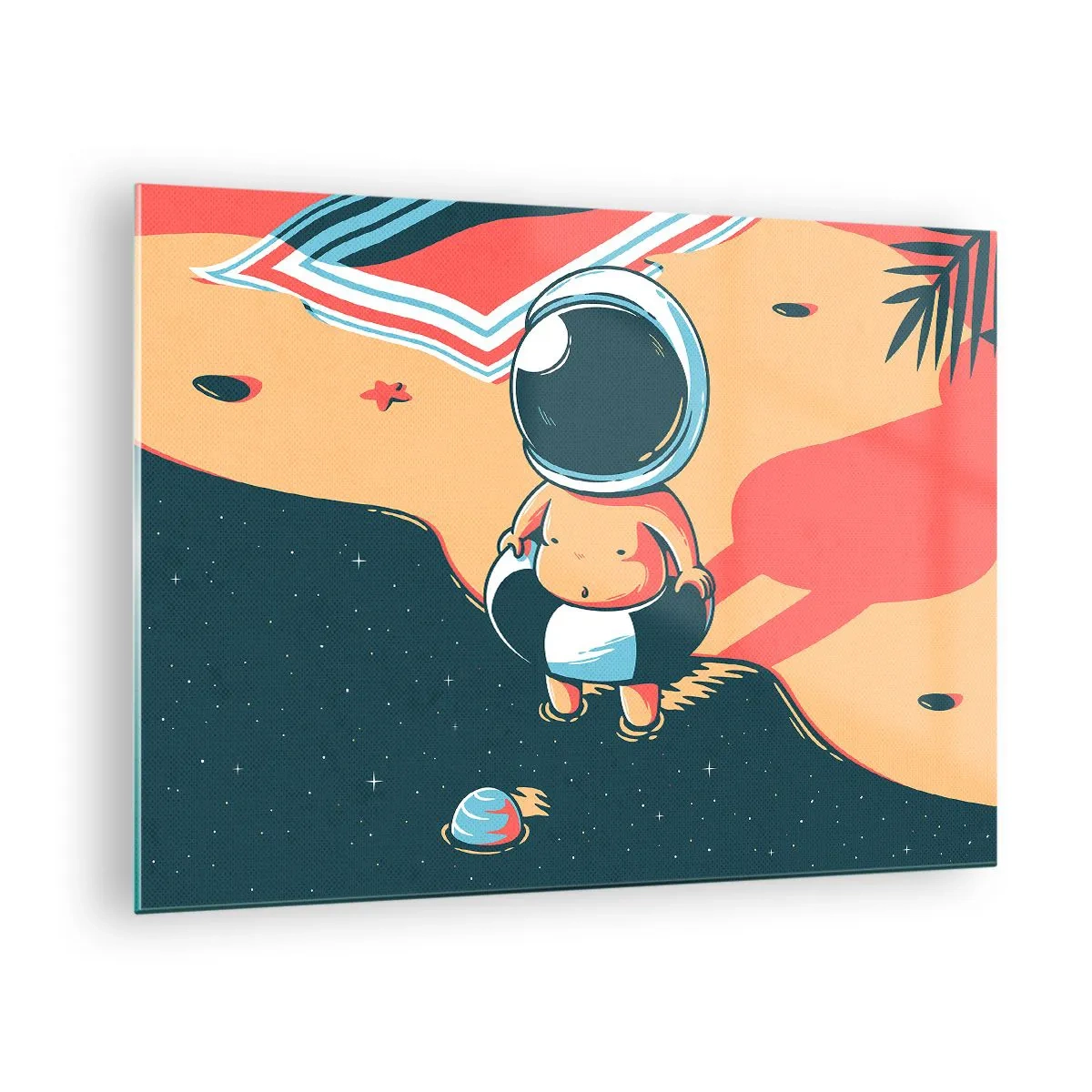 Quadro em vidro - Figura de astronauta em uma praia com uma paisagem cósmica - 70x50cm - De uma perspetiva diferente - Decoração de parede moderna para a sala de estar e quarto ARTTOR