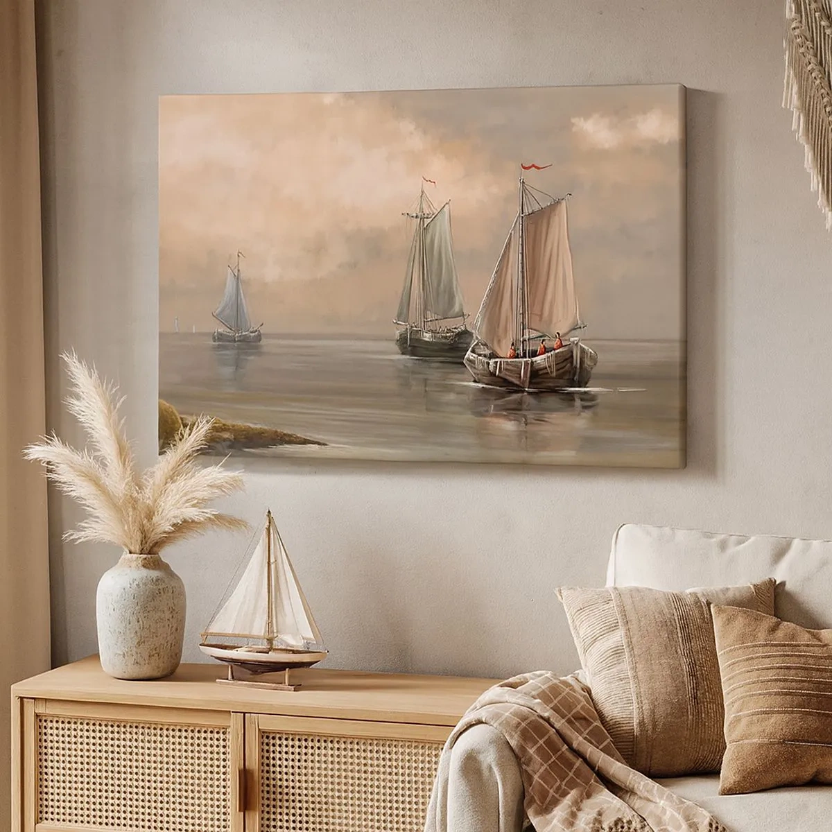 Quadro em tela - Veleiros em mar calmo em ambiente pastel - 70x50cm - Regresso dos marinheiros - Decoração de parede moderna para a sala de estar e quarto ARTTOR