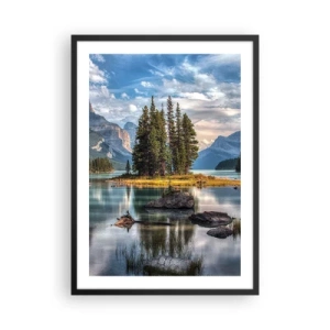 Pôster com moldura preta - Uma paisagem montanhosa com uma ilha cercada por um lago calmo - 50x70cm - Por águas grandes e límpidas… - Decoração de parede moderna para a sala de estar e quarto ARTTOR