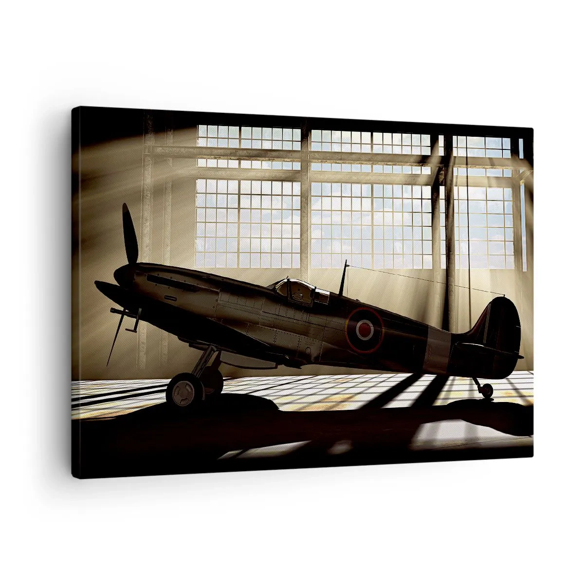 Quadro em tela - Um avião histórico em um hangar iluminado pela luz do sol - 70x50cm - Descanso do guerreiro - Decoração de parede moderna para a sala de estar e quarto ARTTOR