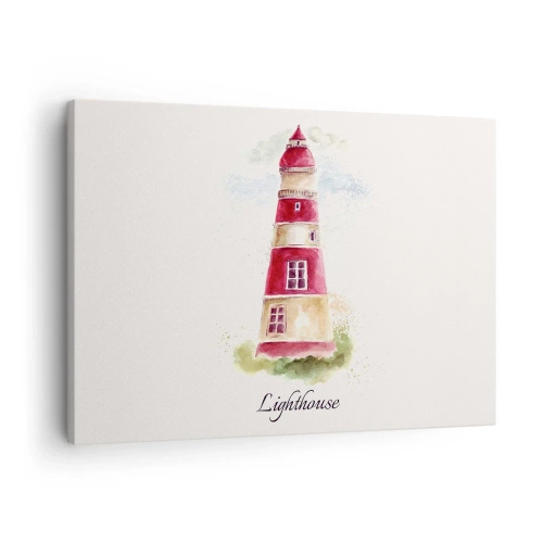 Quadro em tela - Uma pintura em aquarela de um farol sobre um fundo claro com uma inscrição - 70x50cm - Sempre há clima - Decoração de parede moderna para a sala de estar e quarto ARTTOR