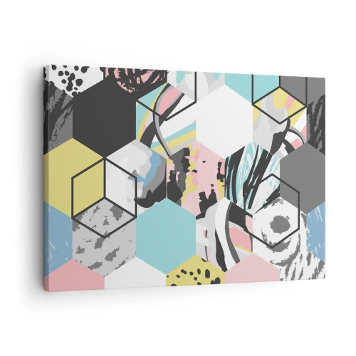 Quadro em tela - Padrão geométrico hexagonal com detalhes abstratos coloridos - 70x50cm - Hexágonos e cubos em seis cores - Decoração de parede moderna para a sala de estar e quarto ARTTOR