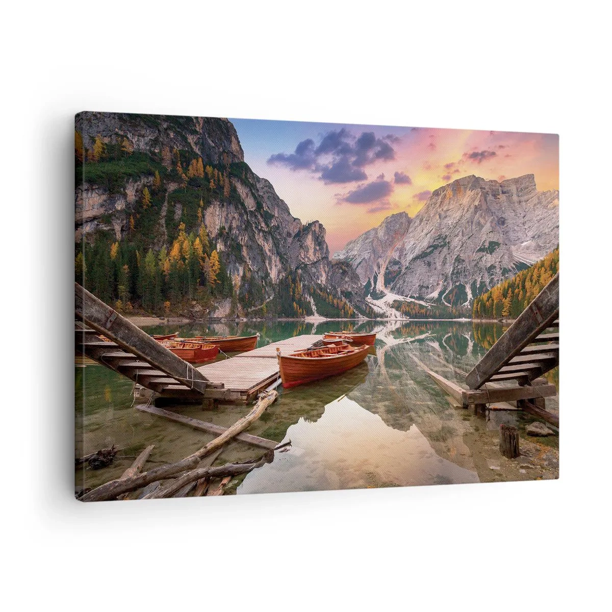 Quadro em tela - Lago de montanha com barcos ao pôr do sol - 70x50cm - A promessa do dia - Decoração de parede moderna para a sala de estar e quarto ARTTOR