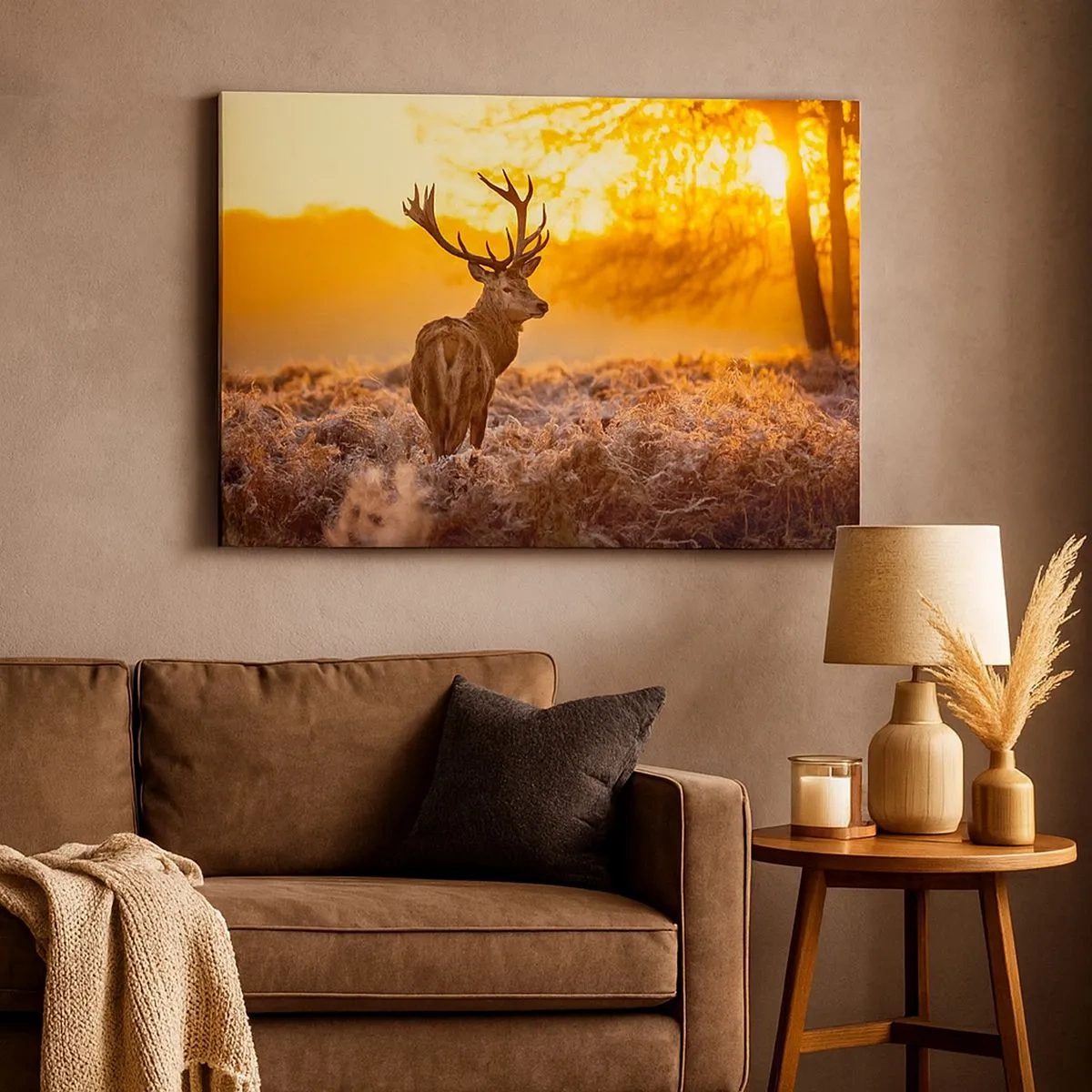 Quadro em tela - Um cervo tendo como pano de fundo uma floresta de outono iluminada pelo sol dourado - 70x50cm - Rei da floresta de outono - Decoração de parede moderna para a sala de estar e quarto ARTTOR