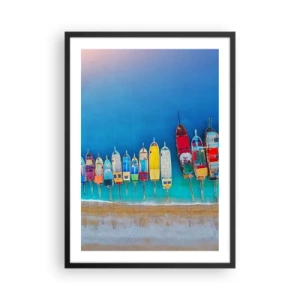 Pôster com moldura preta - Barcos coloridos no mar azul - 50x70cm - Vista panorâmica - Decoração de parede moderna para a sala de estar e quarto ARTTOR