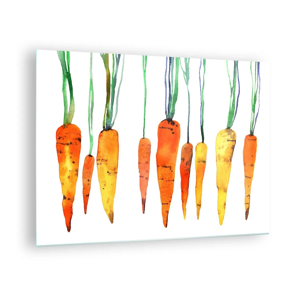 Quadro em vidro - Cenouras em aquarela em vários tons de laranja com talos verdes - 70x50cm - A beleza do ordinário - Decoração de parede moderna para a sala de estar e quarto ARTTOR