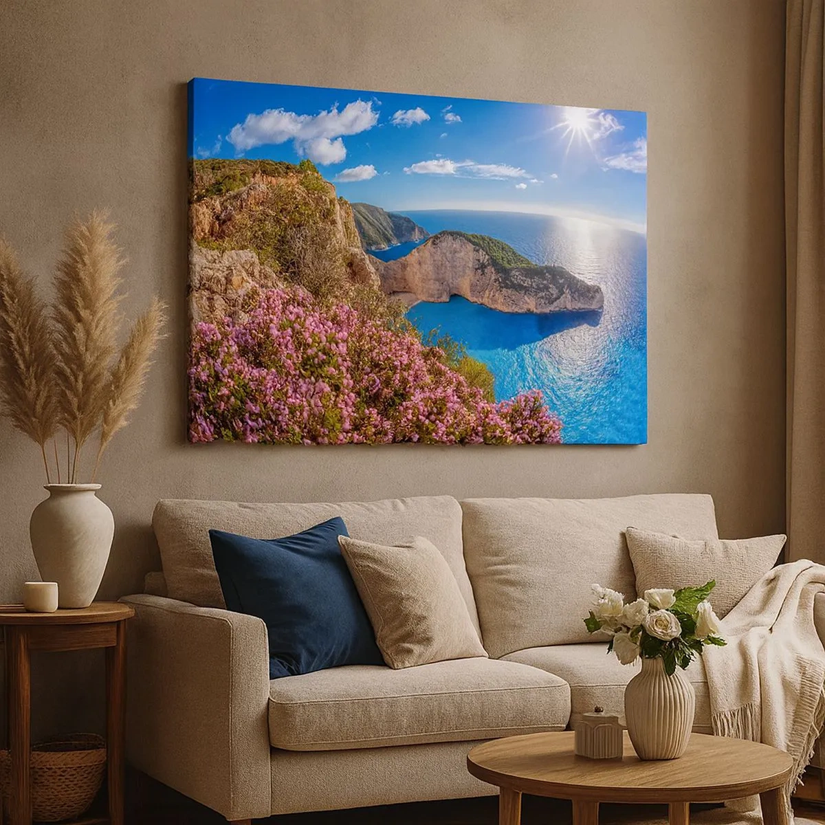 Quadro em tela - Um penhasco com flores, um mar turquesa e uma paisagem grega ensolarada - 70x50cm - As minhas grandes férias gregas - Decoração de parede moderna para a sala de estar e quarto ARTTOR