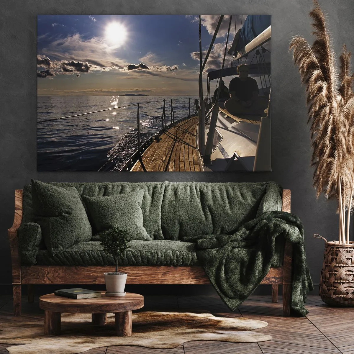 Quadro em tela - Um cruzeiro de iate no mar ao pôr do sol - 70x50cm - Sob velas em direção ao sol - Decoração de parede moderna para a sala de estar e quarto ARTTOR