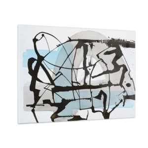 Quadro em vidro - Composição abstrata com um esboço preto e manchas azuis - 70x50cm - Azul mesmo assim - Decoração de parede moderna para a sala de estar e quarto ARTTOR