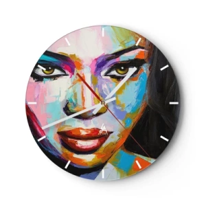 Relógio de parede - Relógio em vidro - Um retrato colorido de uma mulher em cores intensas - 30x30cm - É impossível tirar os olhos - Decoração de parede moderna para a sala de estar, cozinha e quarto ARTTOR
