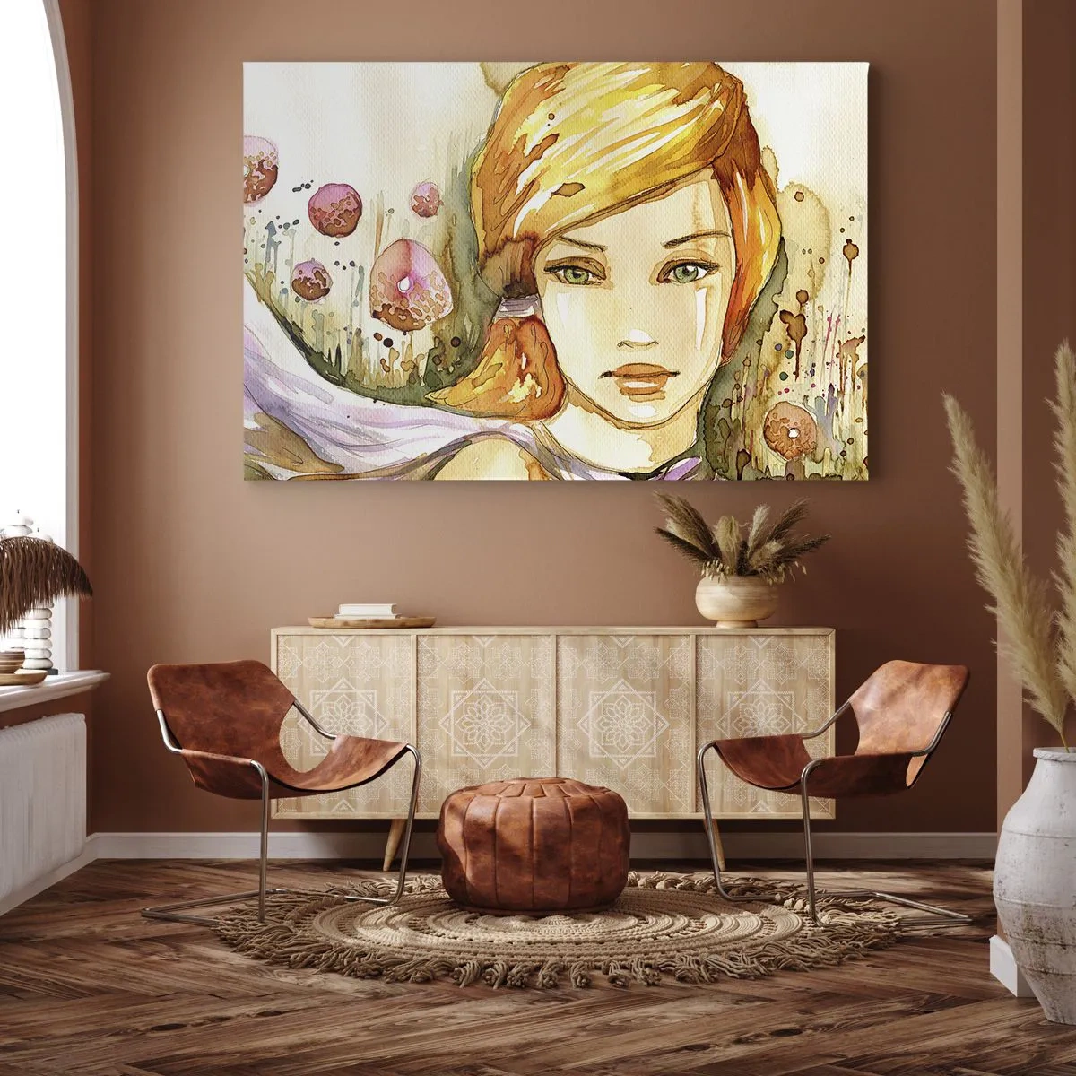 Quadro em tela - Retrato de uma mulher em cores aquarela com um olhar intenso - 70x50cm - Um olhar esmeralda que acalma a raiva - Decoração de parede moderna para a sala de estar e quarto ARTTOR