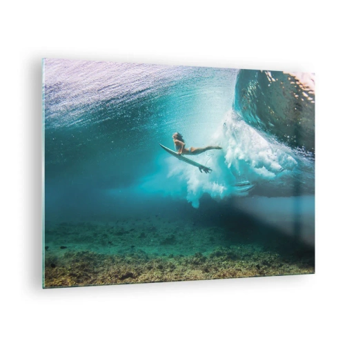 Quadro em vidro - Surfista debaixo d'água entre as ondas com uma prancha de surfe - 70x50cm - O mundo subaquático - Decoração de parede moderna para a sala de estar e quarto ARTTOR