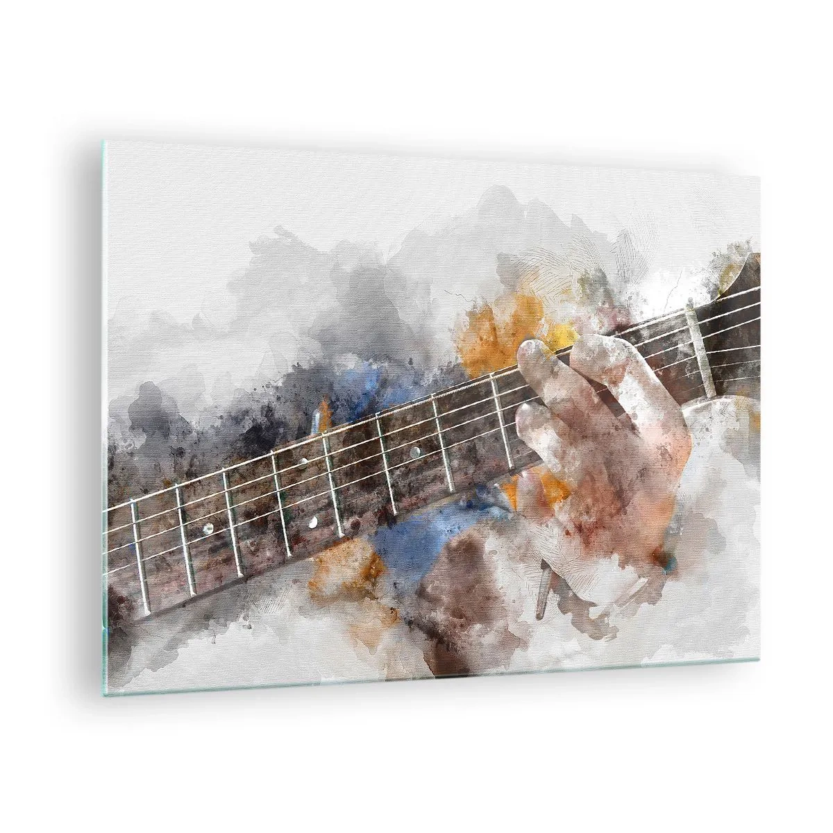 Quadro em vidro - Motivo em aquarela de uma mão tocando violão - 70x50cm - Poesia entre as cordas - Decoração de parede moderna para a sala de estar e quarto ARTTOR