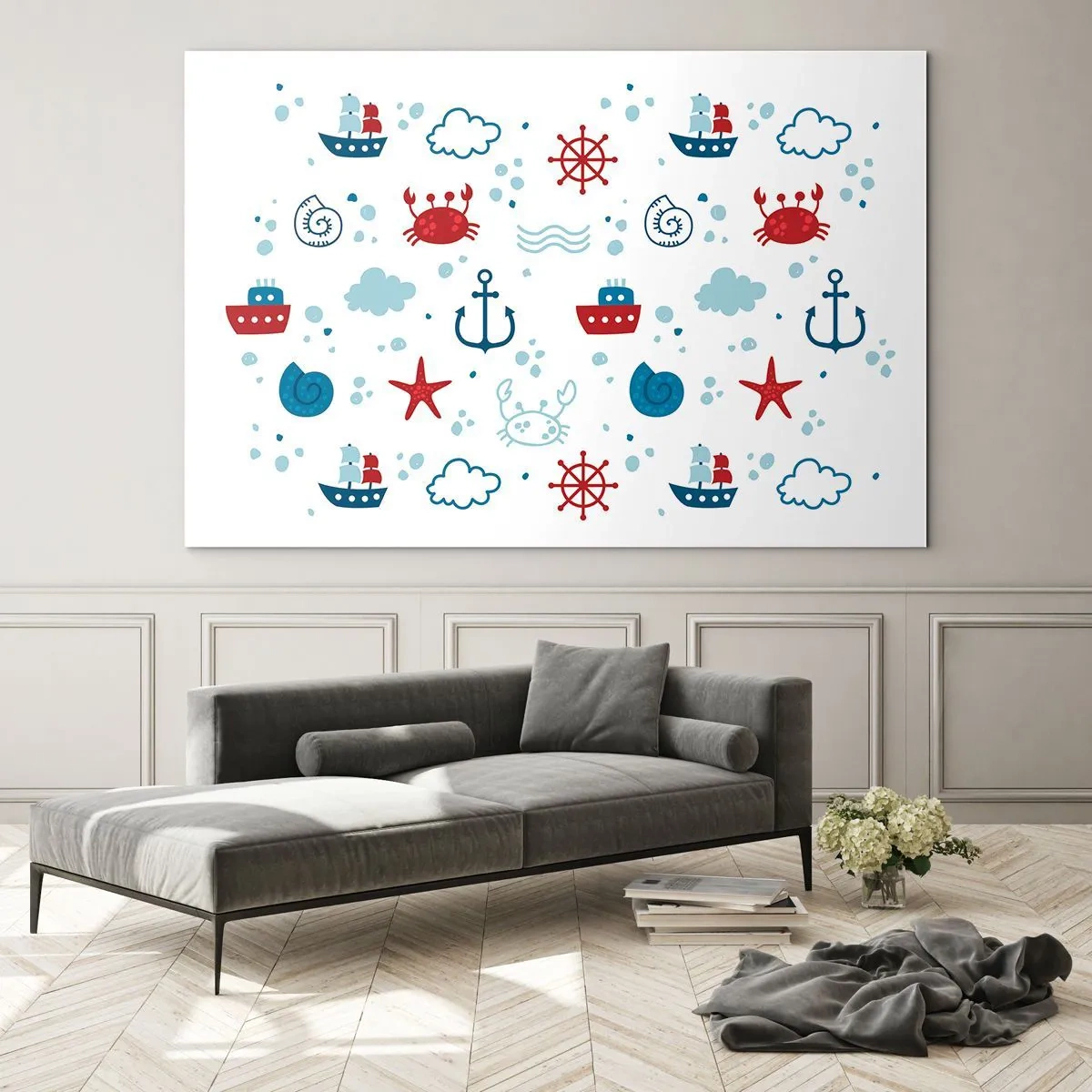 Quadro em vidro - Padrões náuticos com caranguejos, âncoras e navios - 70x50cm - Conto de fadas do mar - Decoração de parede moderna para a sala de estar e quarto ARTTOR