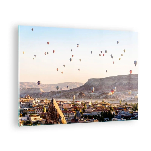 Quadro em vidro - Voo de balão sobre a Capadócia na luz da manhã - 70x50cm - Como navios no céu - Decoração de parede moderna para a sala de estar e quarto ARTTOR