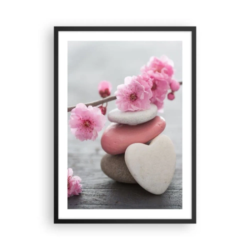 Pôster com moldura preta - Pedras em forma de coração com flores de cerejeira rosa - 50x70cm - Flor de cerejeira - Decoração de parede moderna para a sala de estar e quarto ARTTOR