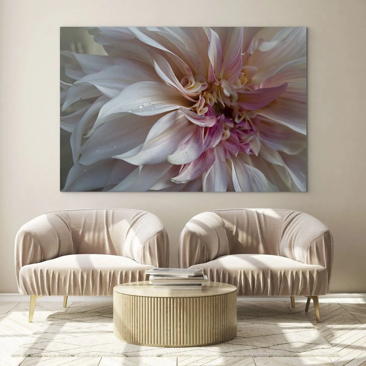 Quadro em vidro - Close-up de uma flor rosa e creme com gotas de água - 70x50cm - Frescor florescente - Decoração de parede moderna para a sala de estar e quarto ARTTOR